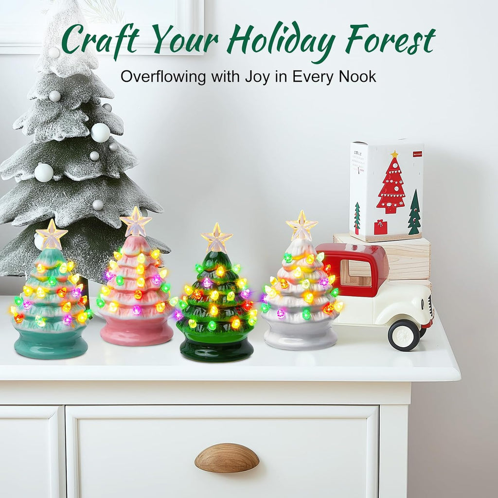 5 Inch Mini Ceramic Christmas Tree Set - 4 Pack Pre-lit Tabletop Christmas Tree with Multicolored LED Light, Battery