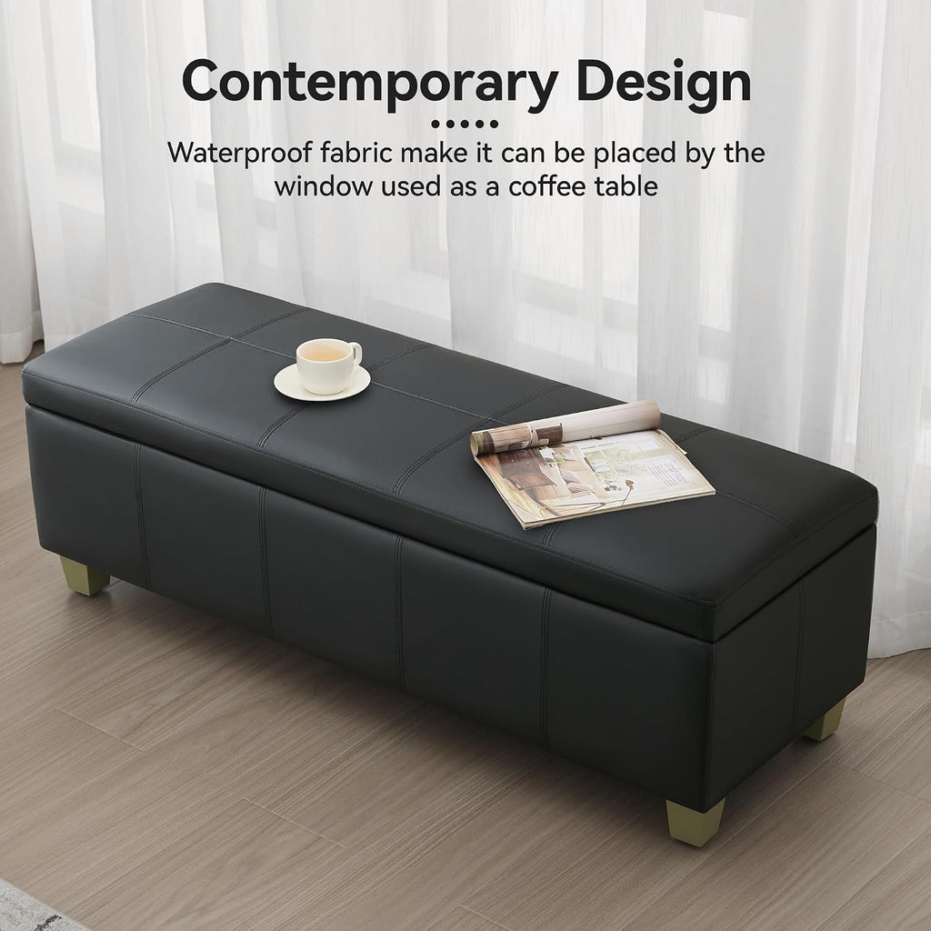 51" Faux Leather Storage Ottoman, Stitch Tufted Rectangle Upholstered End of Bed Storage Bench, Entryway Large Couch