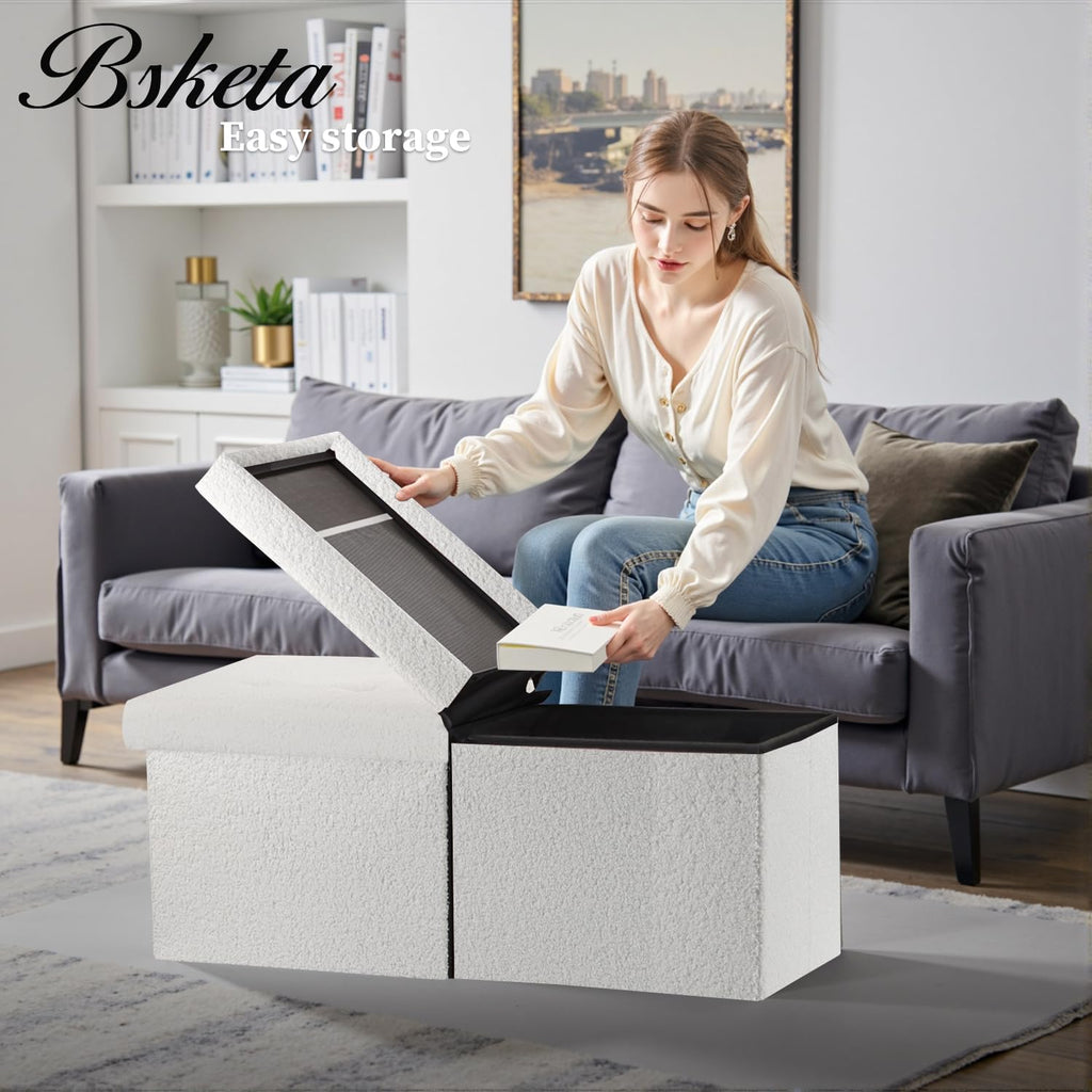 Storage Ottoman Bench, 34" Folding Velvet Foot Rest Stool, White