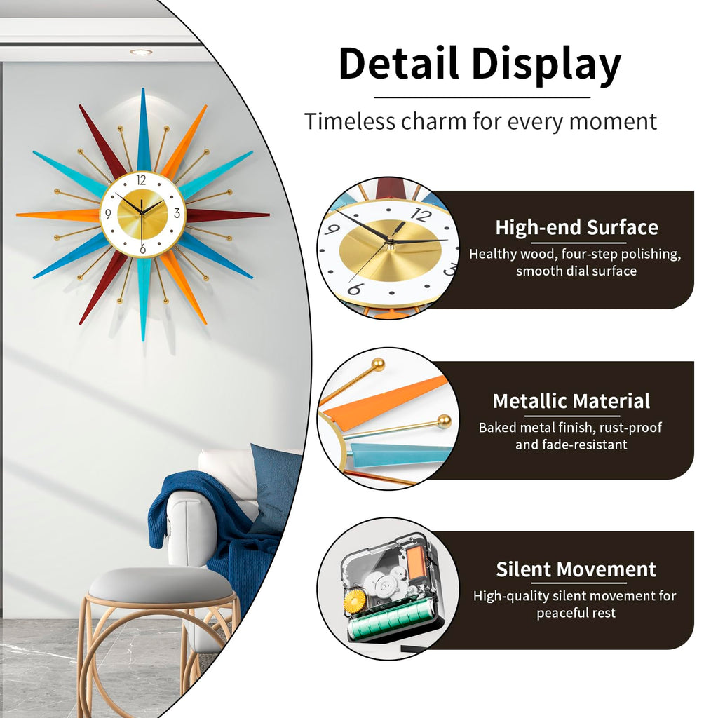 Large Starburst Wall Clock Decor 24 Inch Metal Decorative Mid Century Wall Clcok Big Modern Silent Quality Quartz