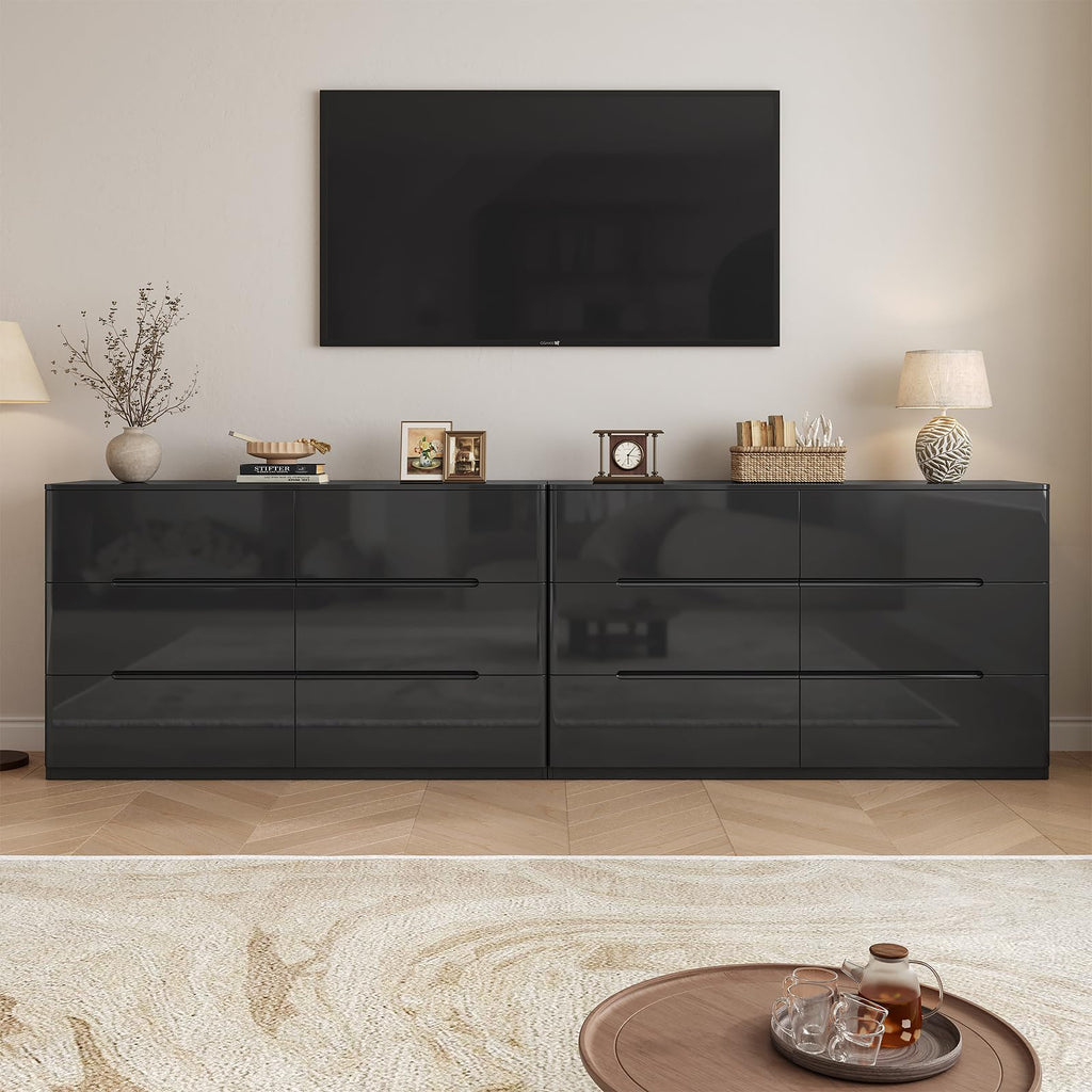 High Gloss Dresser, 47.2" Wide 6 Drawer Dresser, Black