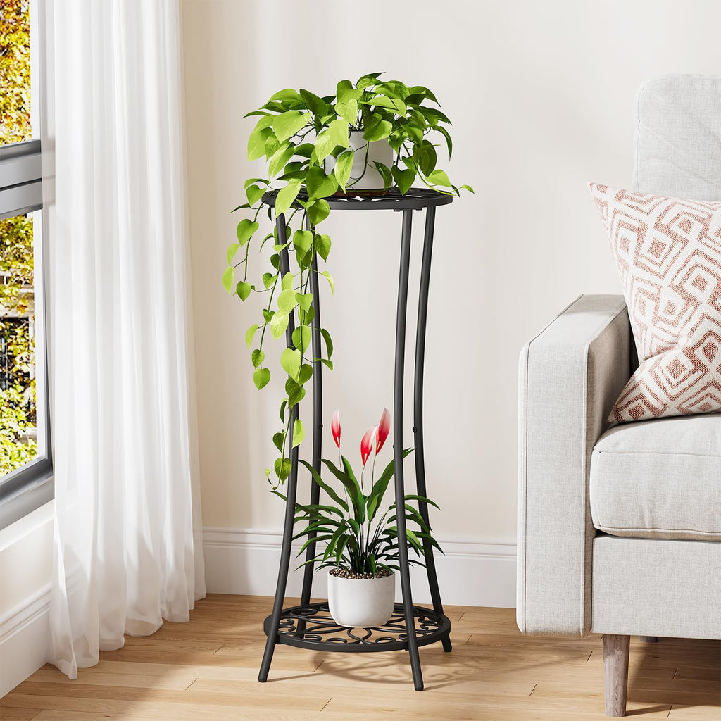 Plant Stand Indoor Outdoor, 2 Tier Metal Potted Holder Rack, Flower Pot Stand Shelf, Heavy Duty Round Supports Rack