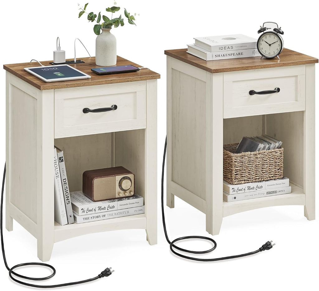 Farmhouse Nightstands with Charging Station, Set of 2 Bedside Tables, Side Tables with Drawer, Open