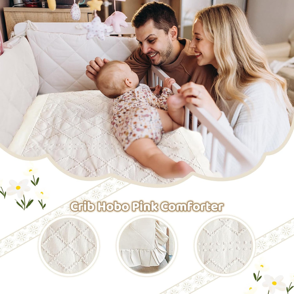 Crib Bedding Set for Girls, 3 Pieces Baby Crib Bedding Set Newborn, Mini Tufted Jacquard Ruffle Fringe Boho, Infant &