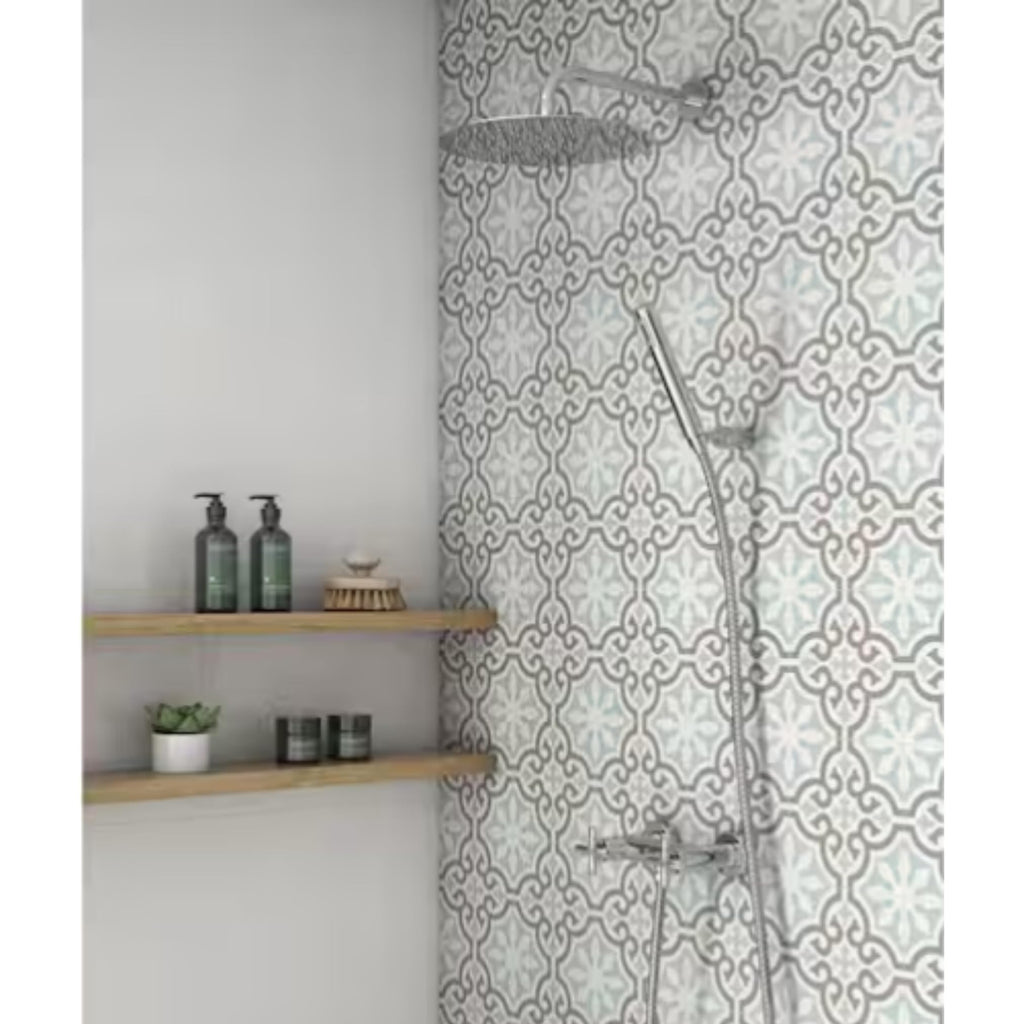 8x8 Matte Porcelain Tile - Soft Blue, Taupe & White Patterned Floor and Wall Tile, Vintage Cement Look & Backsplash