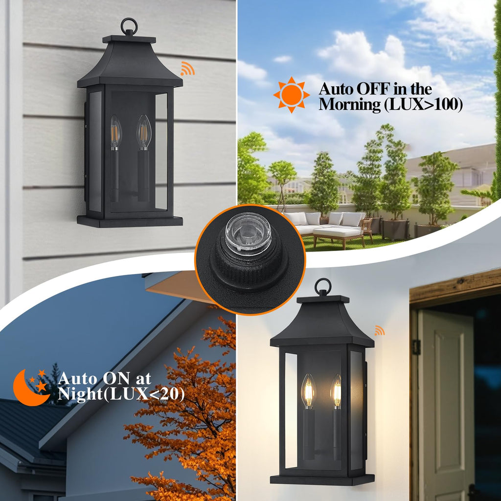 Dusk to Dawn Outdoor Wall Lantern, Black Outdoor Porch Lights, 18'' 2 Pack