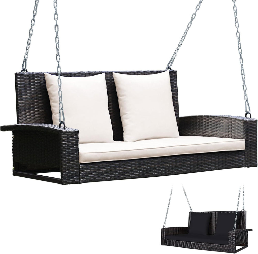 2-Person Wicker Porch Swing, Patiojoy Outdoor Rattan Hanging Swing Bench W/ 2 Back Cushions & 1 Seat Cushion, Sturdy
