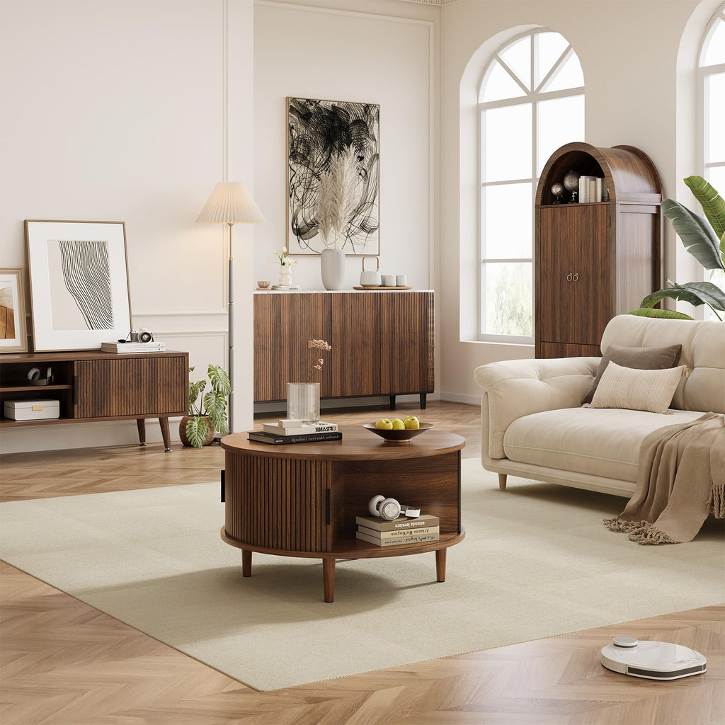 Round Coffee Table with Storage, 31.5", Walnut