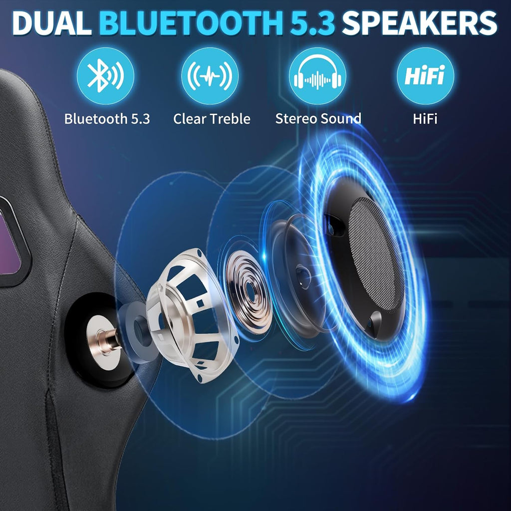 Gaming Chair with Bluetooth Speakers RGB LED Lights Computer Chair-Grey | Ergonomic Massage Game Chair with Footrest