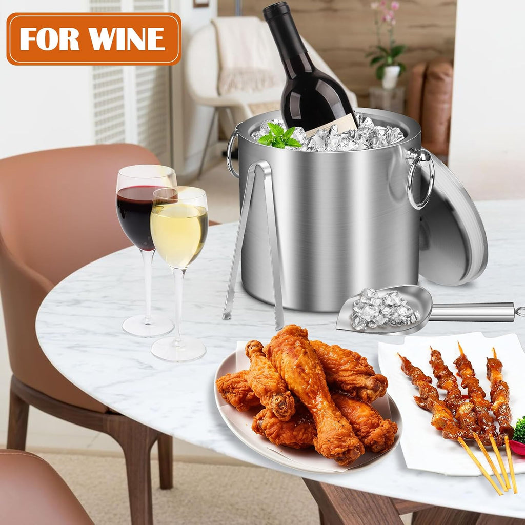 Ice Bucket with Lid & Tong- Well Made Insulated Stainless Steel Keep Ice Frozen Longer