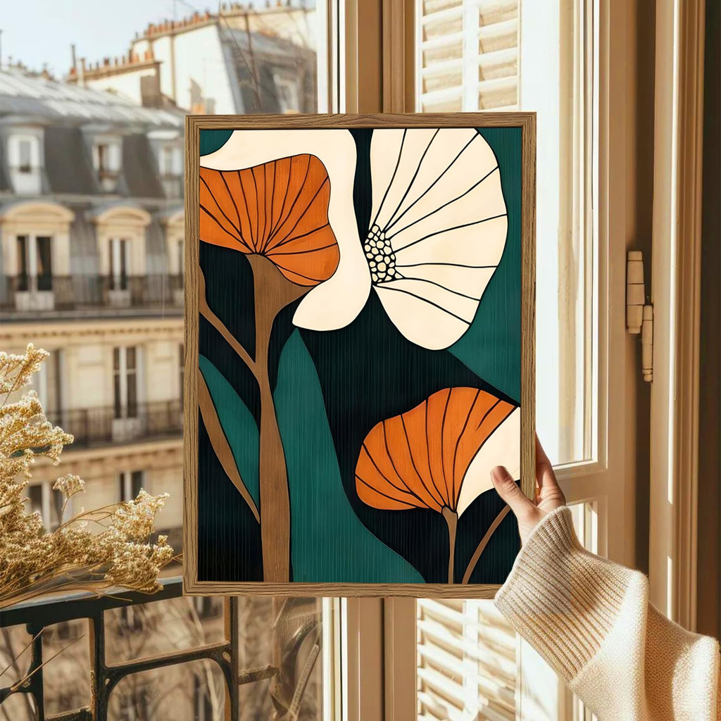 Mid Century Modern Flower Wall Art Vintage Abstract Botanical Wall Decor Painting Set of 2 Mid Century Boho Dark