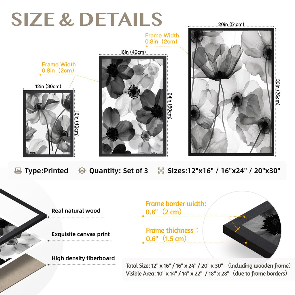 Black and White Floral Wall Art Set of 3, Neutral Minimalist Bathroom Decor, Modern Flower Canvas Prints, Elegant