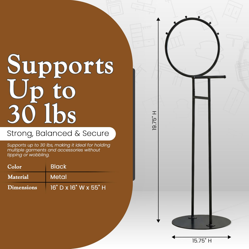 Cheska Suit Valet Stand with Circular Frame - Tie Jacket Clothes Hooks, Freestanding Clothing Organizer, Black