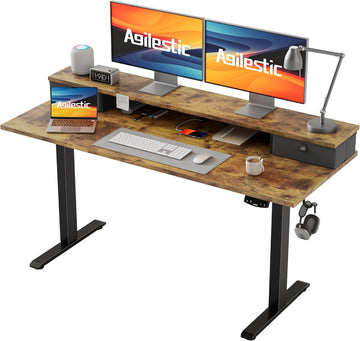 55 * 24 Inch Electric Standing Desk with Drawers, Rustic Brown | Electric Height Adjustable, 2 Storage Drawer