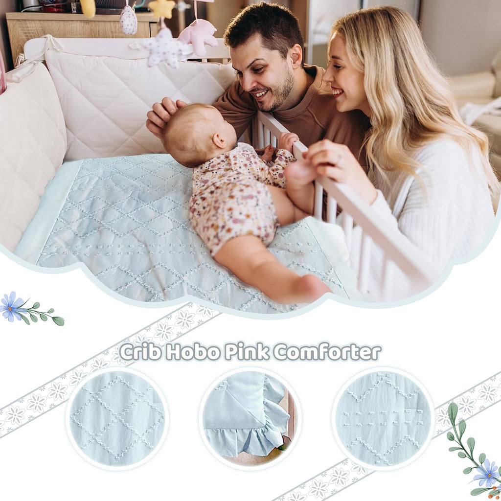 Crib Bedding Set for Girls, 3 Piece Boho Crib Comforter Set Ruffle, Baby Boy Crib Bedding Set Nursery Blanket Set
