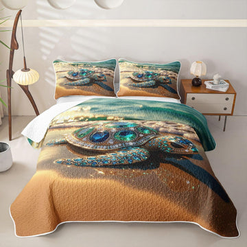 Sea Turtle Quilt for Women - Luxury Sparkling Gemstone Turtle Quilt Set Chic Coastal Beach Quilted Bedspread