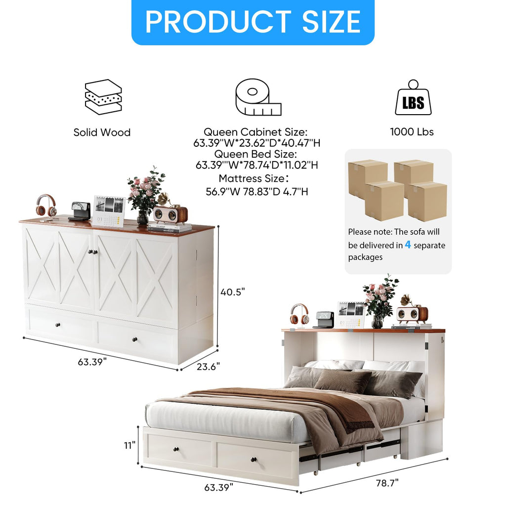Murphy Bed Queen with Tri-Folding Mattress, X-Frame Cabinet Bed with Charging Station and Storage
