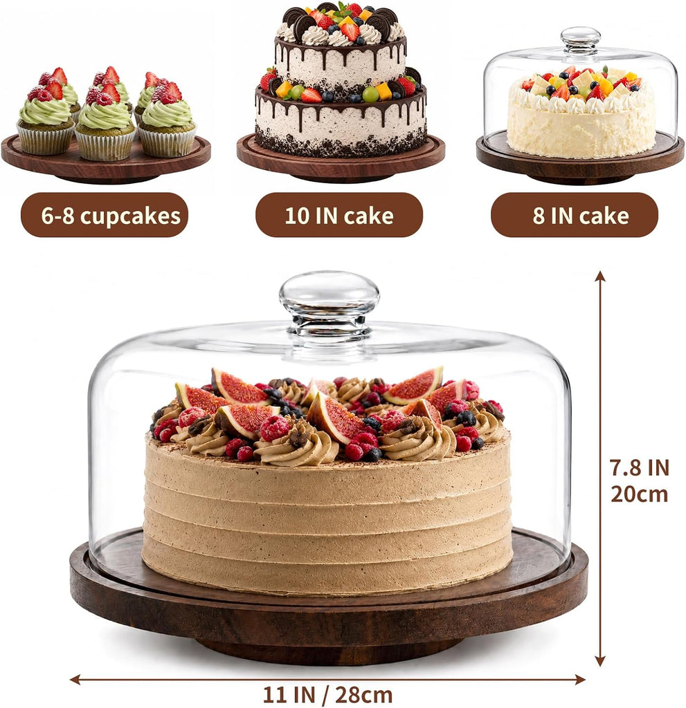 Acacia Wood Cake Stand with Glass Dome,11" Rotating Cake Stand for Desserts