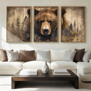 Vintage Brown Bear Canvas Wall Art 16x24 Inch Framed Forest Woodland Paintings Rustic Farmhouse Wildlife Wall Decor