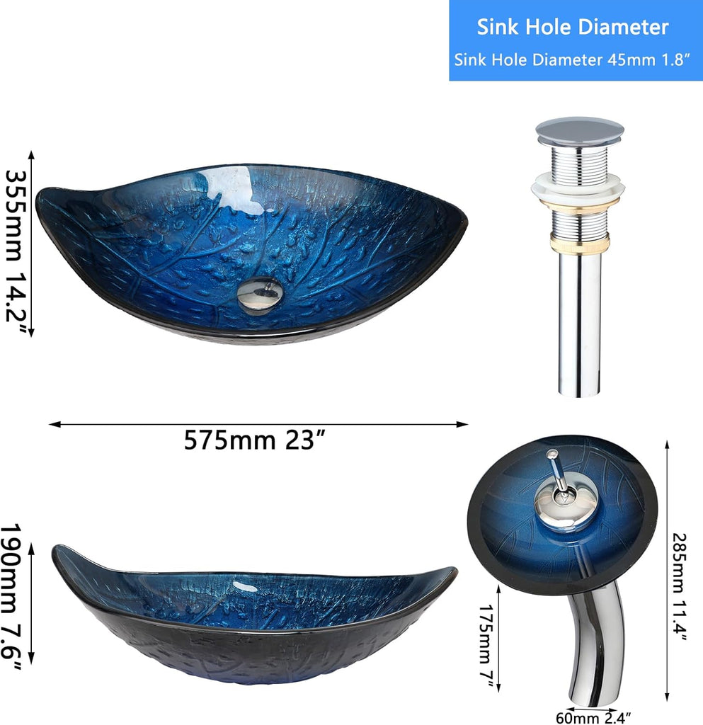 23"x14" Blue Bathroom Vessel Sink, Leaf Shape Tempered Glass Sinks And Faucet Combo