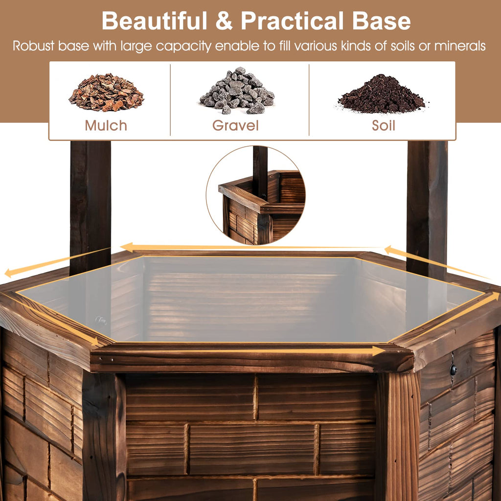 Rustic Wooden Wishing Well Planter with Hanging Bucket, Roof Shadow, Reinforced Rod, Wishing Wells for Outdoors