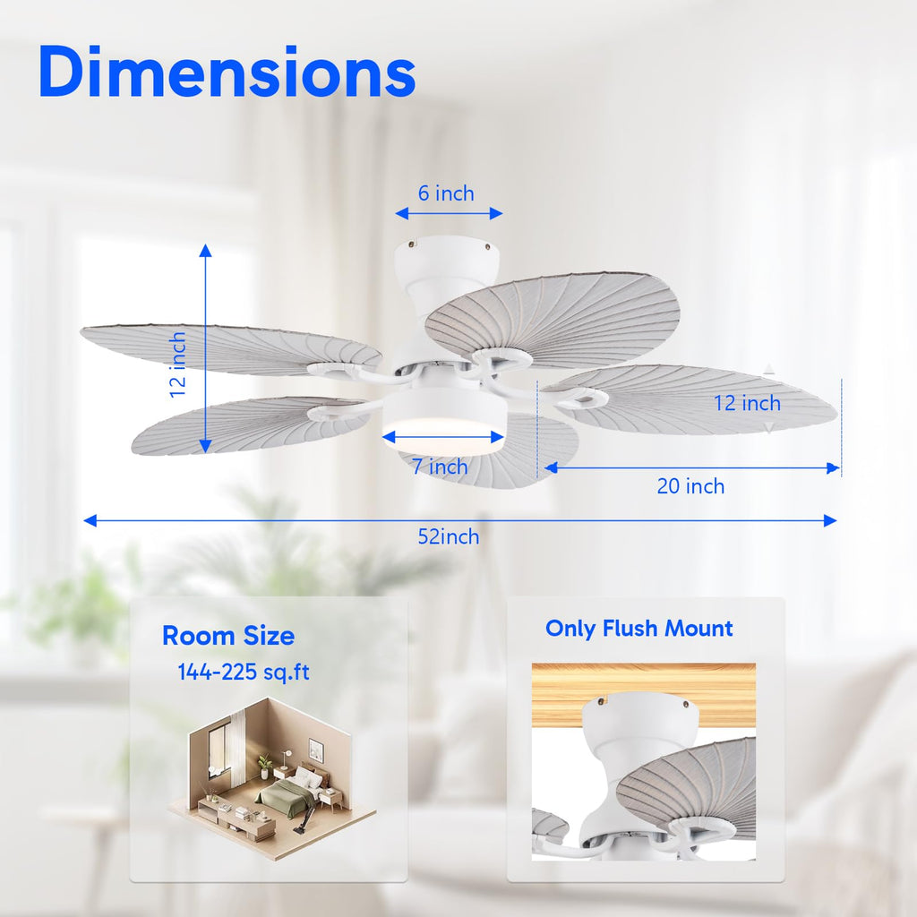 52inch Tropical Palm Leaf Ceiling Fans with Lights and Remote, Outdoor, White