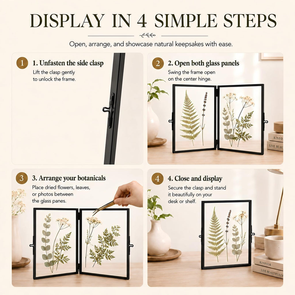 Black Hinged Double Glass Frame 5x7in, Photo Pressed Flower Tabletop Frame
