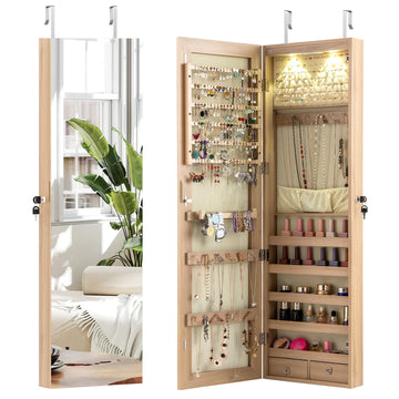 Wall Door Jewelry Armoire, 47.5" H Full Length Mirrored Jewelry Cabinet with 2 LED Lights and 2 Drawers, Lockable