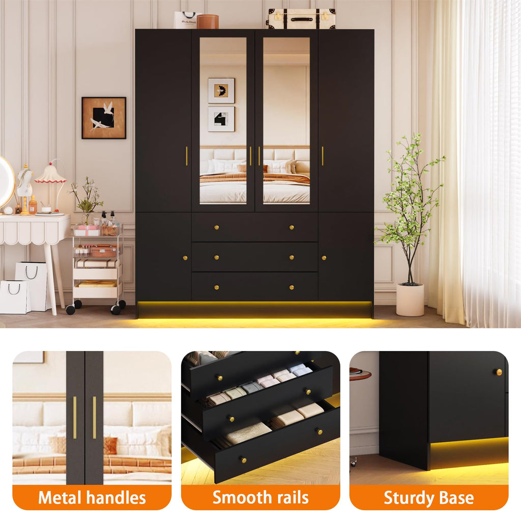 75" Tall Wardrobe Closet with 4 Doors & 3 Drawers, Modern Armoire with Mirror & LED Lights, Wooden Armoire Wardrobe