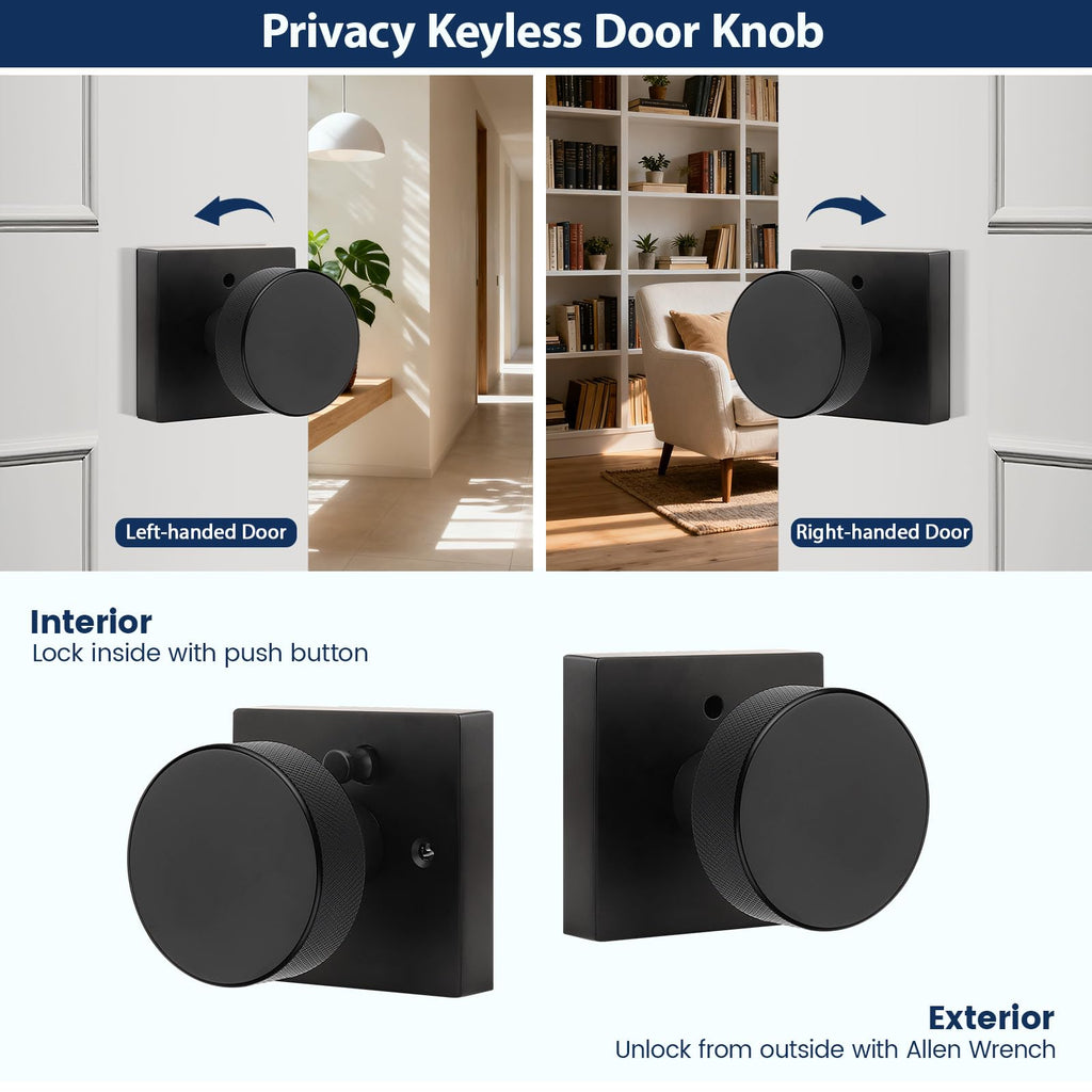 Matte Black Privacy Door Knobs Interior, Zinc Alloy Keyless Black Door Knobs with Lock , Knurled Heavy Duty Square