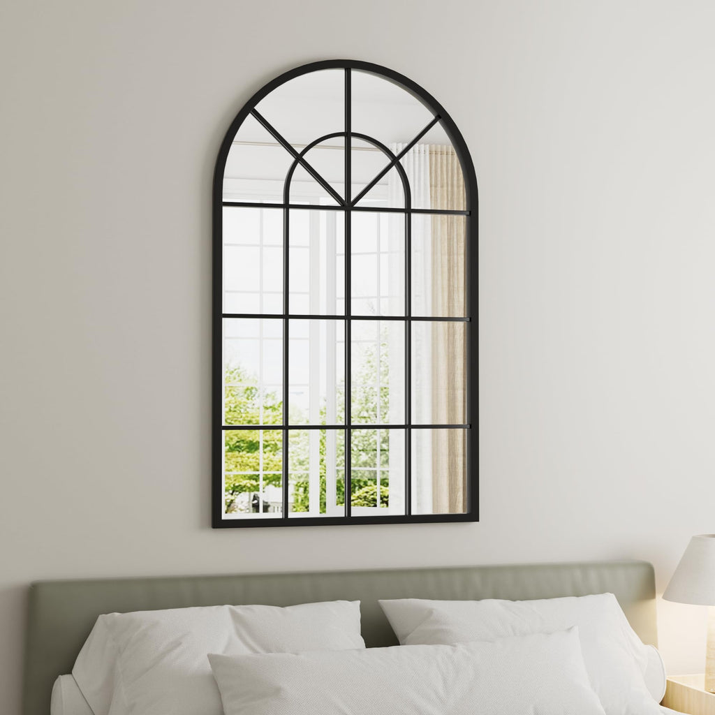 Arched Wall Mirror, 42"x24" Metal Frame Windowpane Mirror, Black