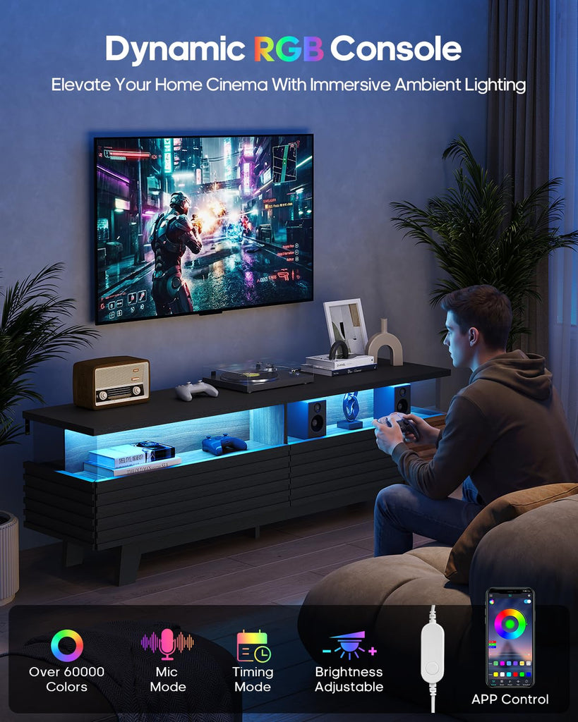 TV Stand with Cable Management, LED, Power Station (Black, 59")