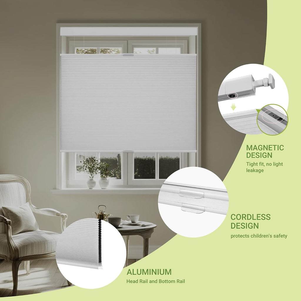 No Drill Cellular Shades, Blackout White, | Top Down Bottom Up Honeycomb Shades Blackout Blinds for Indoor Windows
