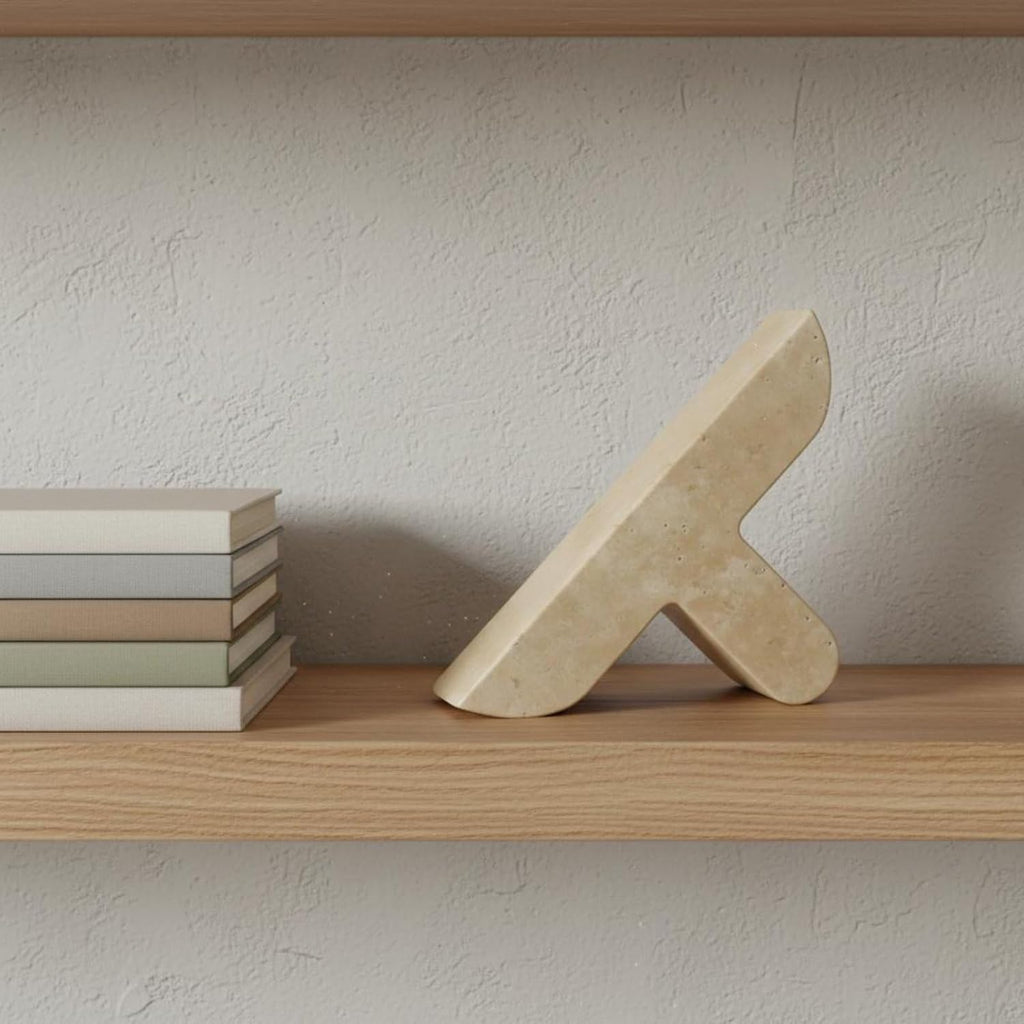 Stone Bookend Travertine Herringbone Minimalist with Sculptural Form Holds Books Blends with Contemporary Decor