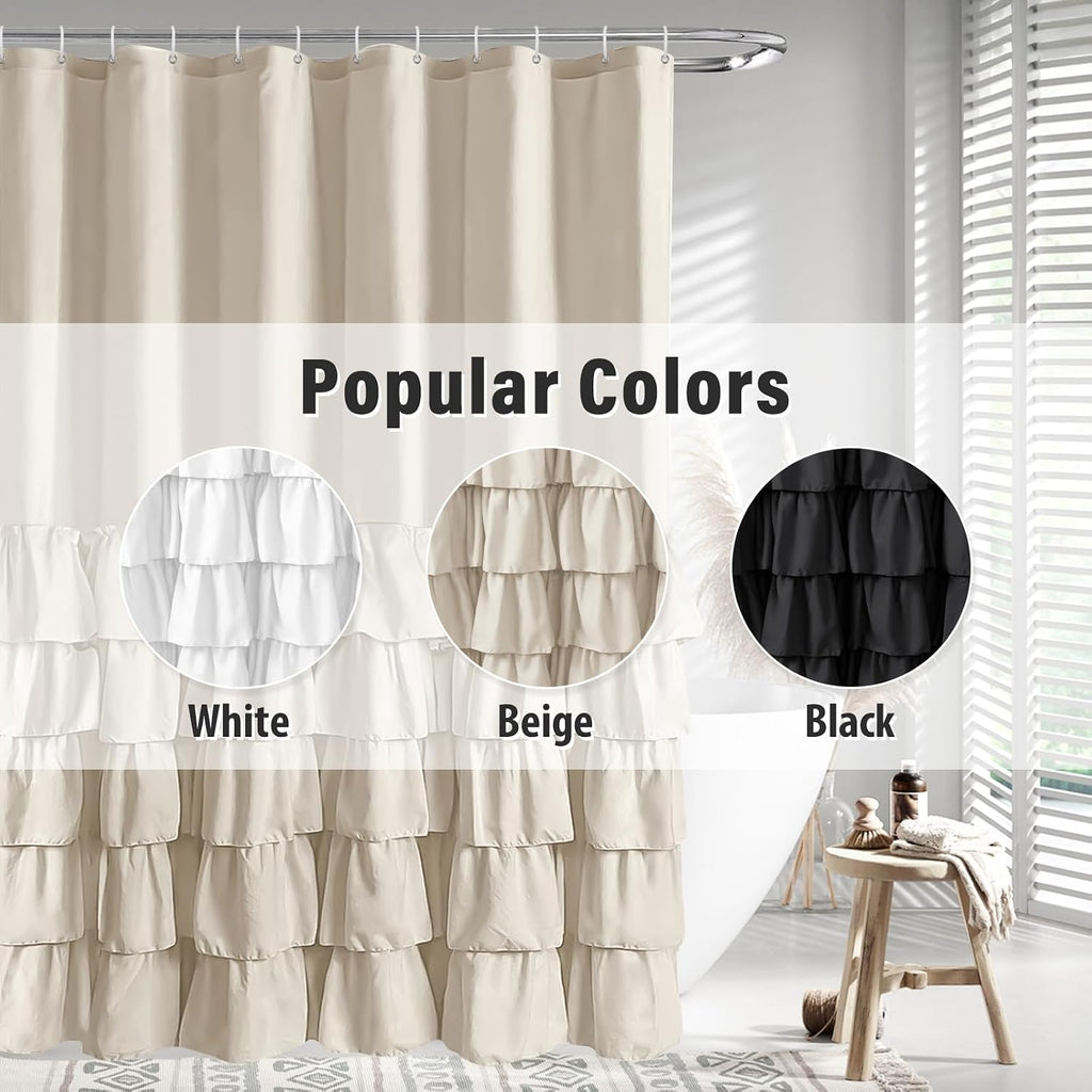 Beige Ruffle Shower Curtain Neutral Shower Curtain 72 x 72 | Natural button accents, layered fabric tiers, shabby