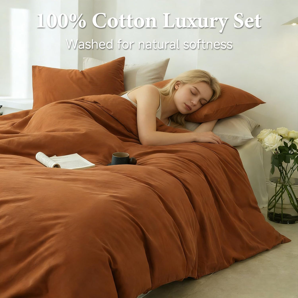 100% Washed Cotton Duvet Cover Set 3pcs Linen Feel Duvet Cover Breathable Durable Comfy Twill Bedding