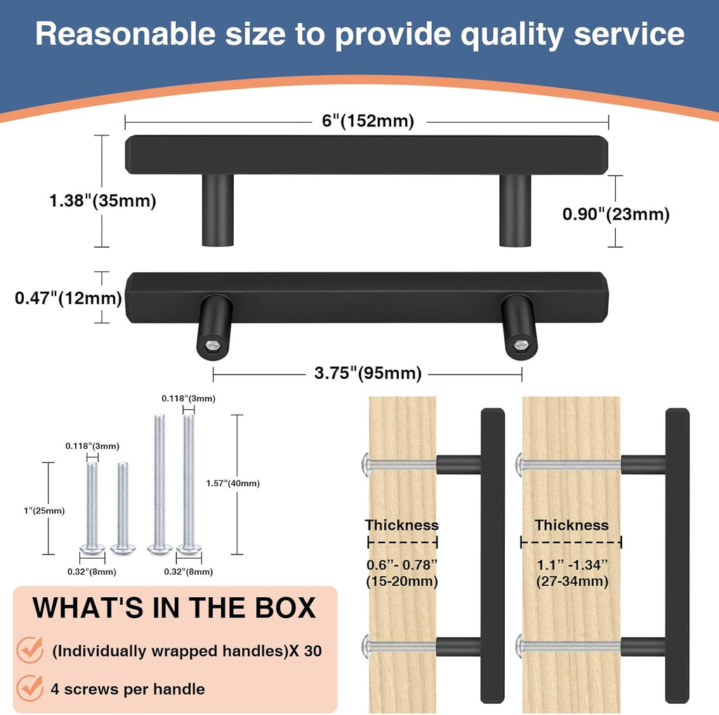 30 Pack 6 inch Square Cabinet Handles Matte Black Drawer Pulls, 3-3/4" Hole Center Kitchen Handles Pulls, Stainless