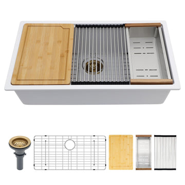 33 Inch White Undermount Kitchen Sink Workstation Granite Composite Quartz Single Bowl Undermount Sinks Large Deep