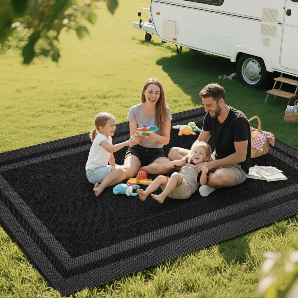 Outdoor Rugs Waterproof s Clearance,Large Plastic Straw Mats for Backyard,Porch,Deck,Balcony,Black&Deep Grey