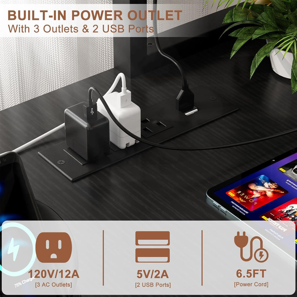 L Shaped Gaming Desk with Power Outlets & LED Lights, Black | Small L- Shaped Desk Computer Corner Desk with Monitor