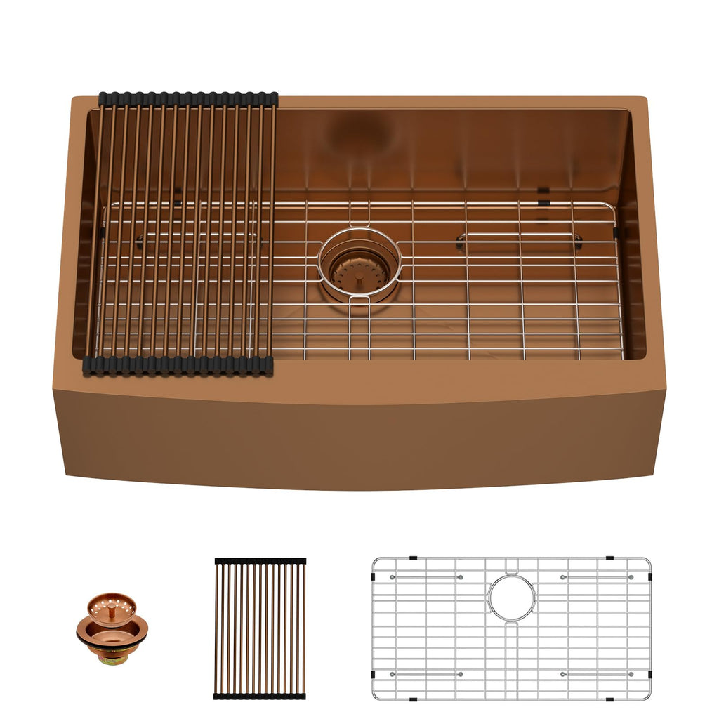 33 inch Farmhouse Kitchen Sink Apron Front 16 Gauge Stainless Steel Copper Tone Bronze Deep Single Bowl Kitchen Farm