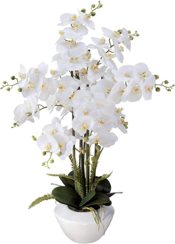 Potted Faux Artificial Flowers Arrangements Realistic White Phalaenopsis Orchid in White Ceramic Pot Decoration