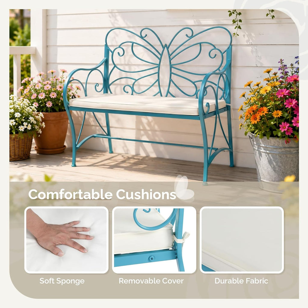 38.7in Cast Iron Outdoor Bench with Cushion, All Weather Resistant Metal Bench with Curved Armrests and Butterfly