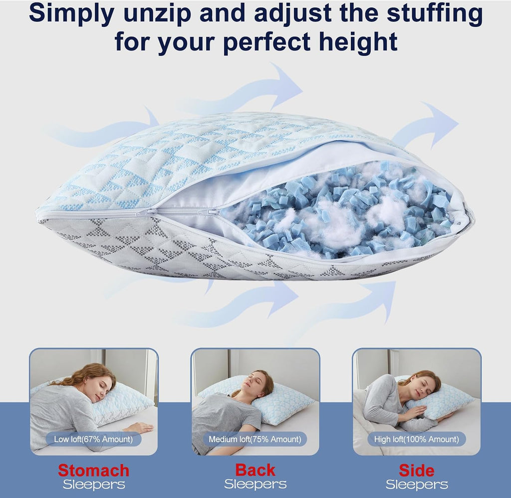 Cooling Shredded Memory Foam Pillows: Adjustable Bed Pillows for Hot Sleeping, King Size Set of 2, Customizable Loft