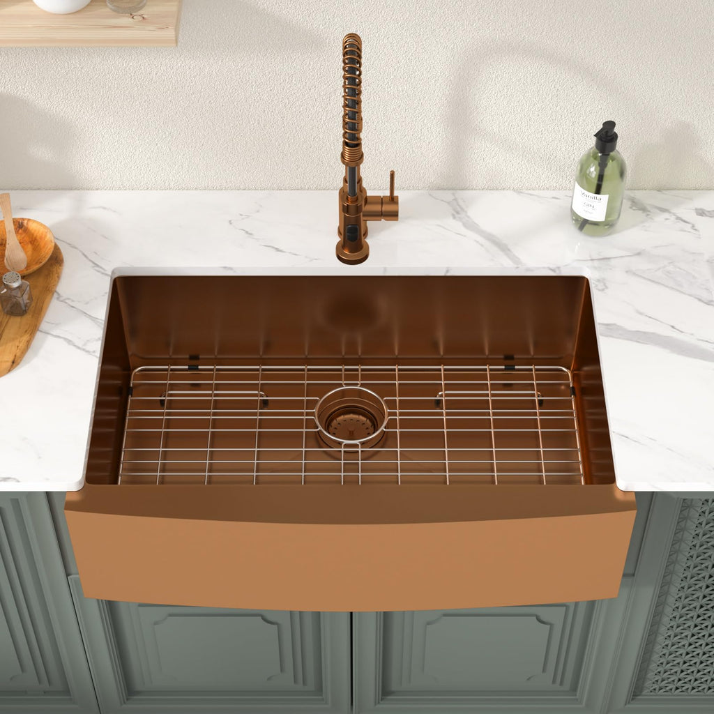 33 inch Farmhouse Kitchen Sink Apron Front 16 Gauge Stainless Steel Copper Tone Bronze Deep Single Bowl Kitchen Farm