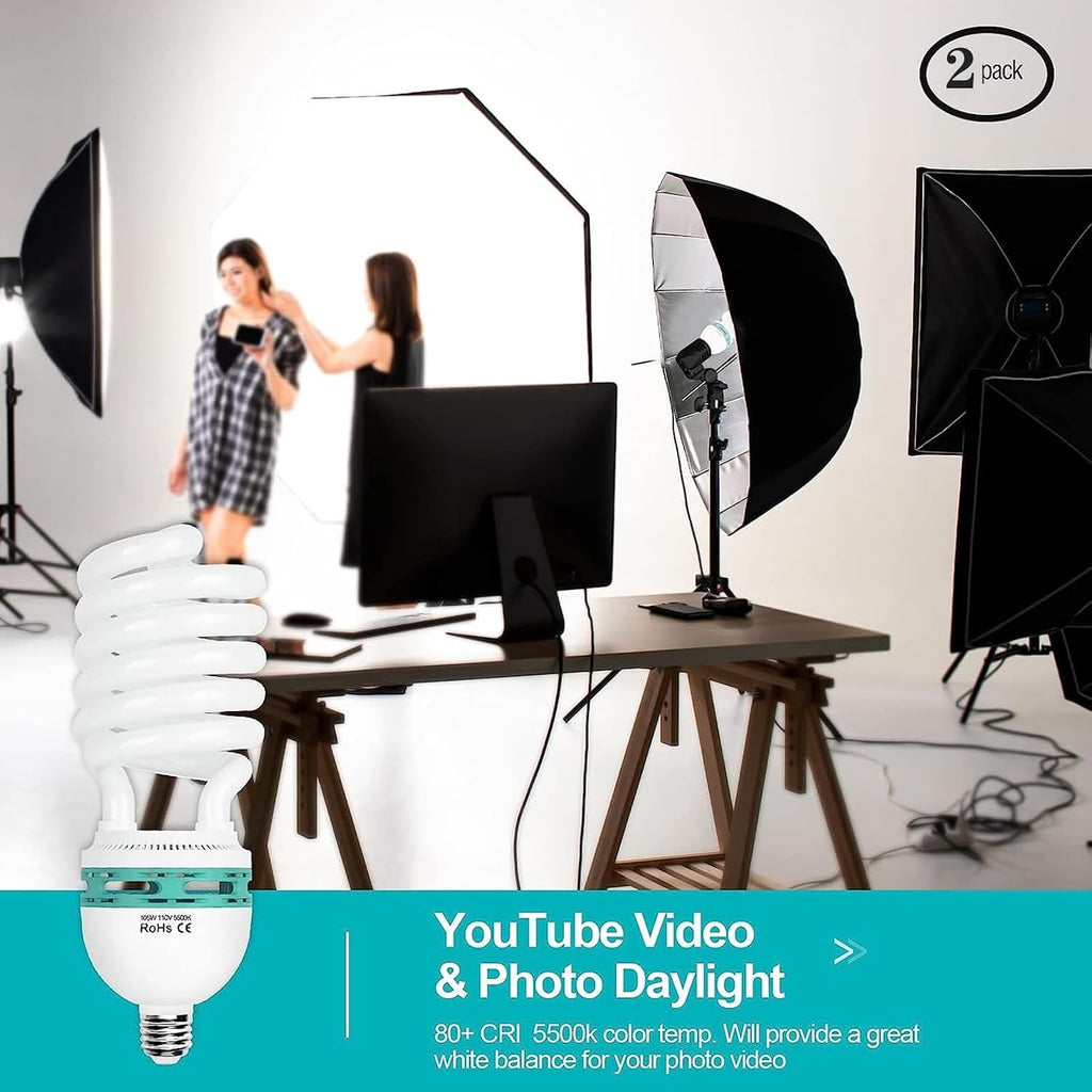 Full Spectrum Light Bulb, 105W CFL Light Bulbs for Photography 2Pack