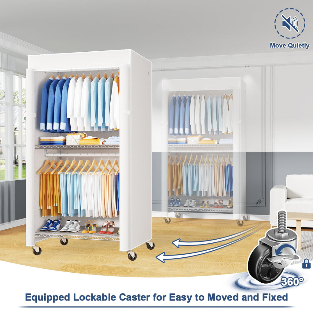 P8C Heavy Duty Clothes Rack(With Extended Width Design) Rolling Clothing Racks for Hanging Clothes with Lockable