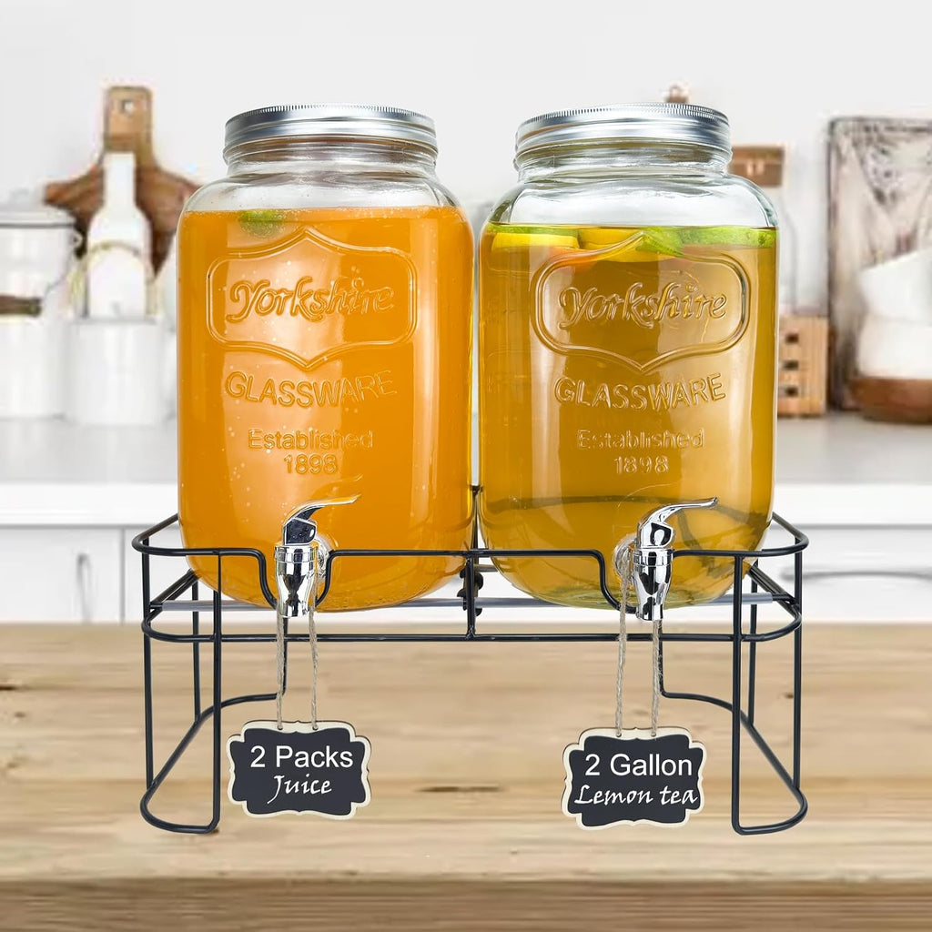 2 Gallon Larger Glass Drink Dispenser for Parties, 2 Packs Juice Lemonade Ice Tea Water Dispenser with Stand