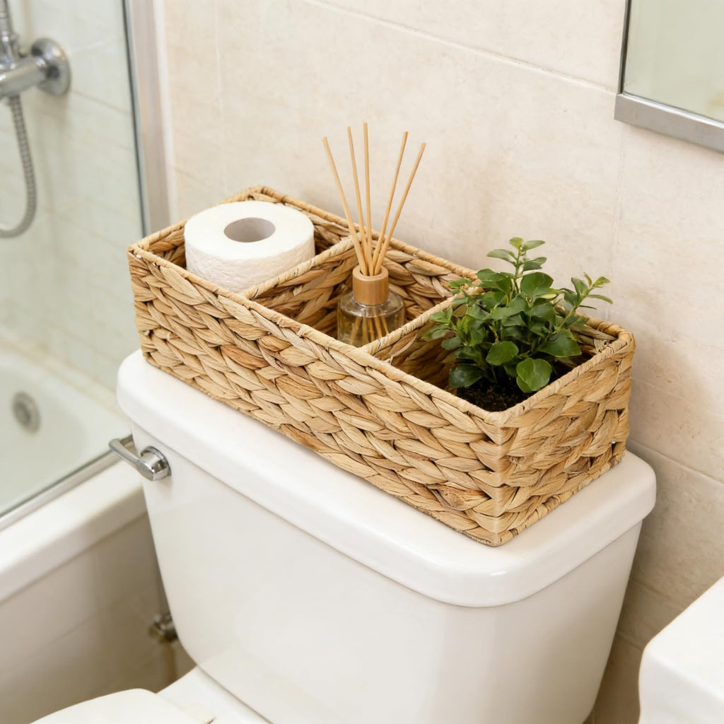 2 Pack 3-Section Woven Baskets, Water Hyacinth Storage Bin, Handwoven Desk Organizer, Toilet Paper Container