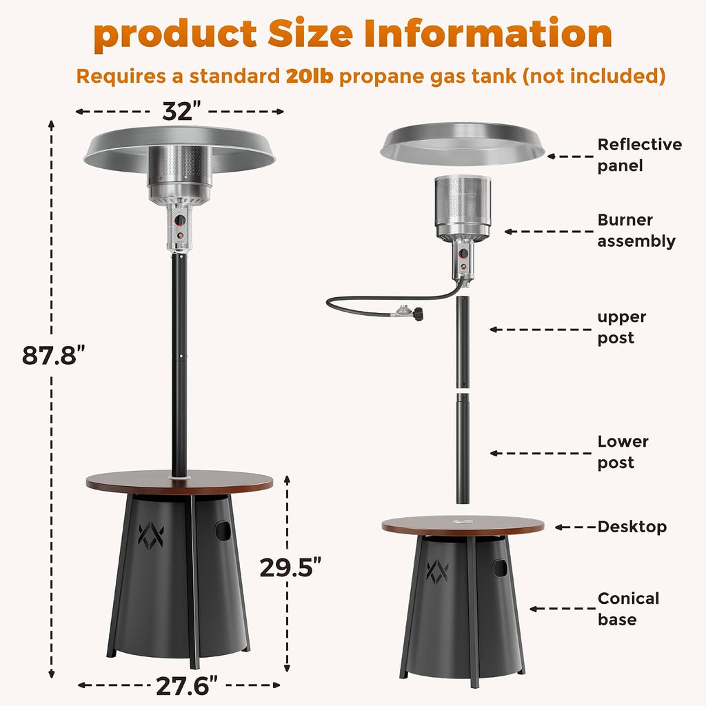 50,000 BTU Outdoor Heaters with Round Table Design, Premium 304 Stainless Steel Burner, Triple Protection System